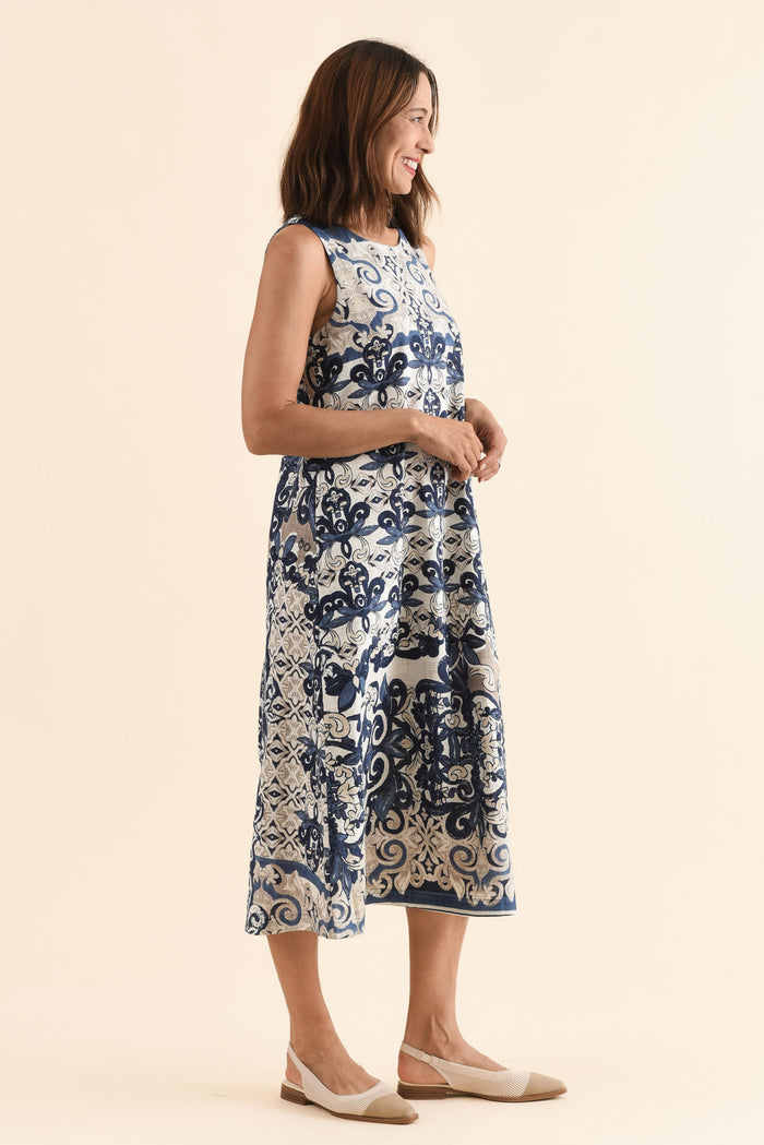 Karlan Navy Patchwork Cotton Pocket Dress,Side,Brunette model,alt text|model:Cara