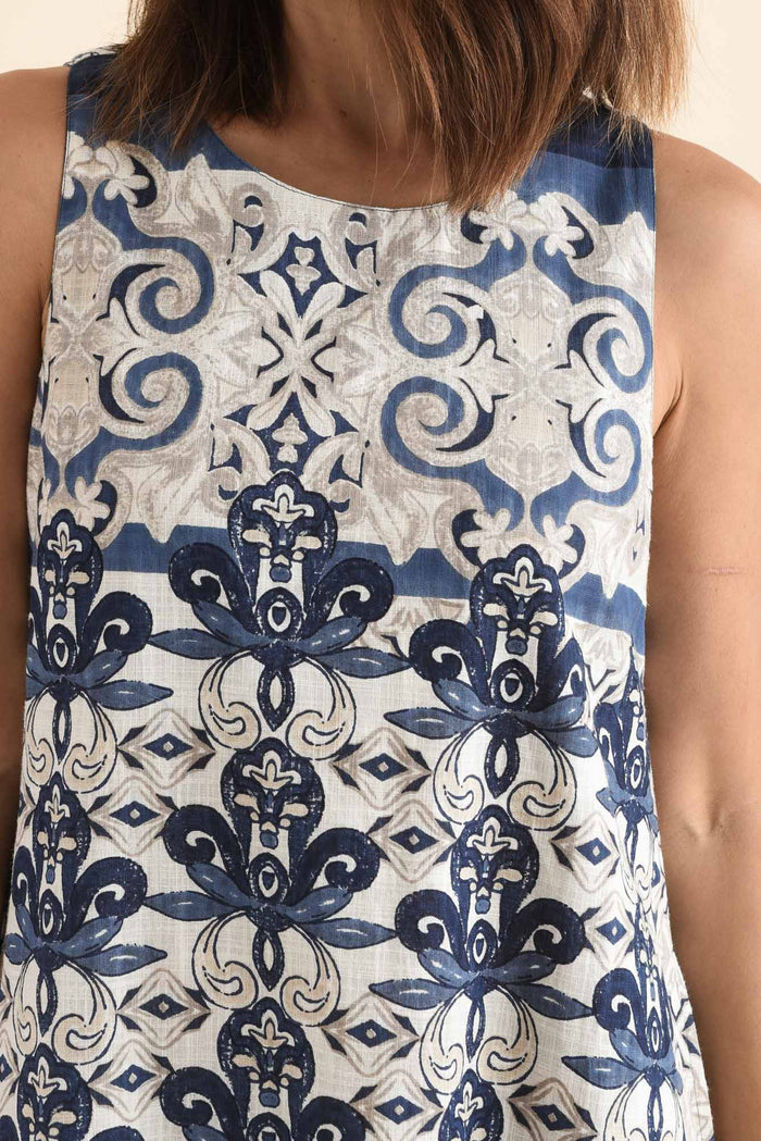 Karlan Navy Patchwork Cotton Pocket Dress,Detail,Brunette model,alt text|model:Cara