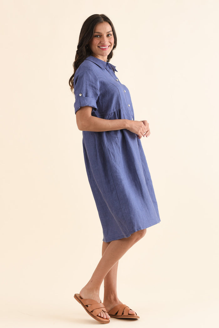 Kathy Blue Linen Shirt Dress,Side,Brunette model,alt text|model:Brontie