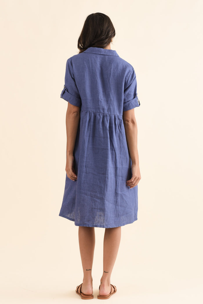 Kathy Blue Linen Shirt Dress,Back,Brunette model,alt text|model:Brontie