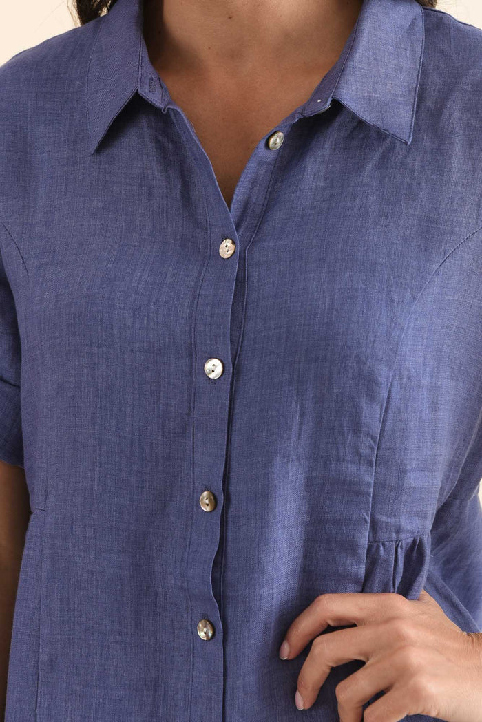 Kathy Blue Linen Shirt Dress,Detail,Brunette model,alt text|model:Brontie