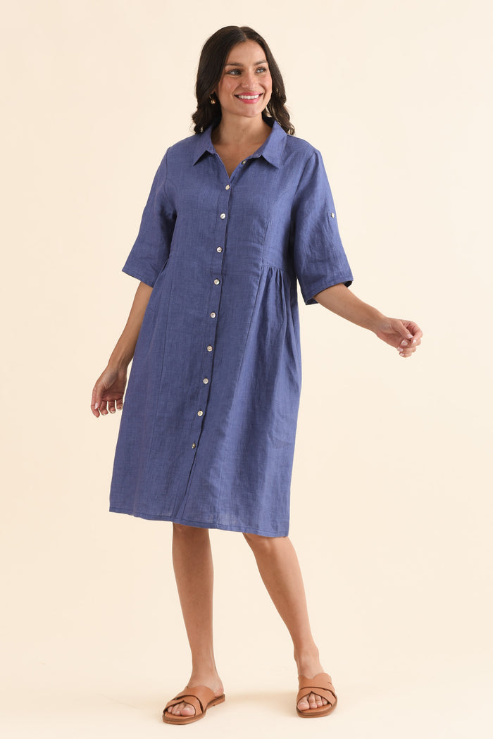 Kathy Blue Linen Shirt Dress,Full Body,Brunette model,alt text|model:Brontie
