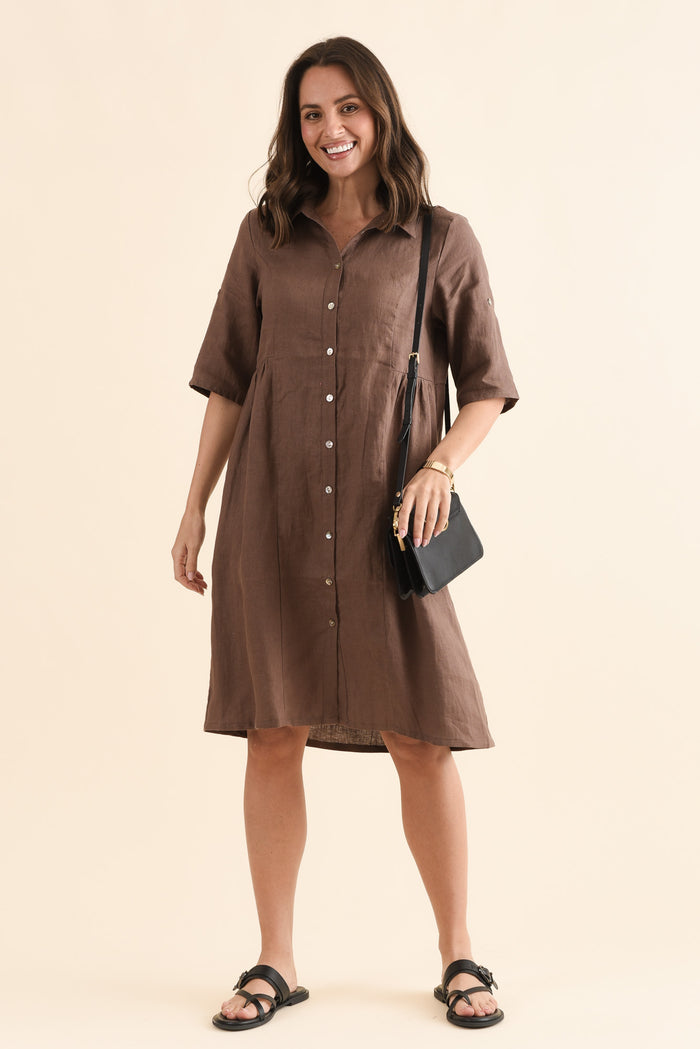 Kathy Brown Linen Shirt Dress,Front,Brunette model,alt text|model:MJ