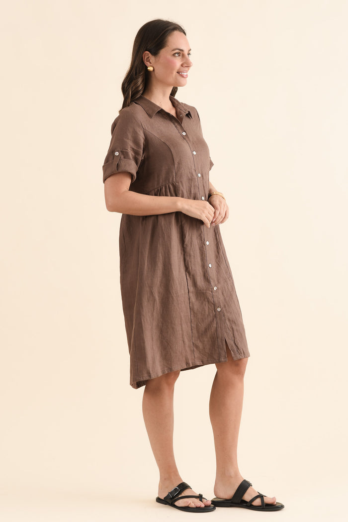 Kathy Brown Linen Shirt Dress,Side,Brunette model,alt text|model:MJ