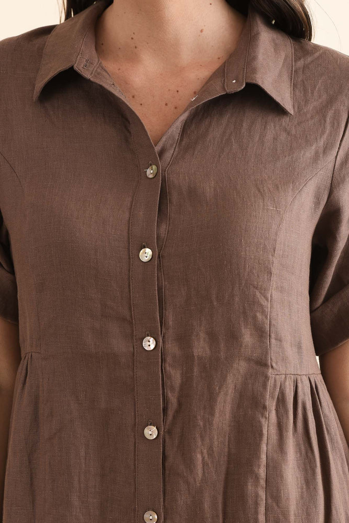 Kathy Brown Linen Shirt Dress,Back,Brunette model,alt text|model:MJ
