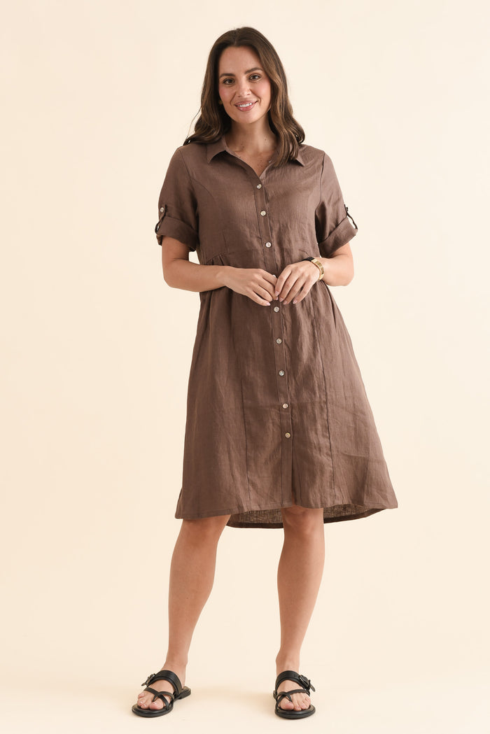 Kathy Brown Linen Shirt Dress,Detail,Brunette model,alt text|model:MJ