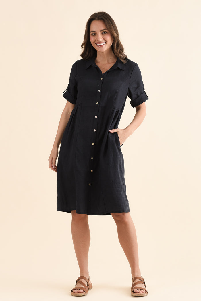 Kathy Navy Linen Shirt Dress,Full Body,Brunette model,alt text|model:MJ