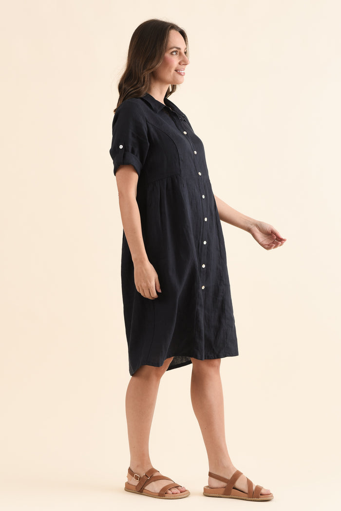 Kathy Navy Linen Shirt Dress,Side,Brunette model,alt text|model:MJ