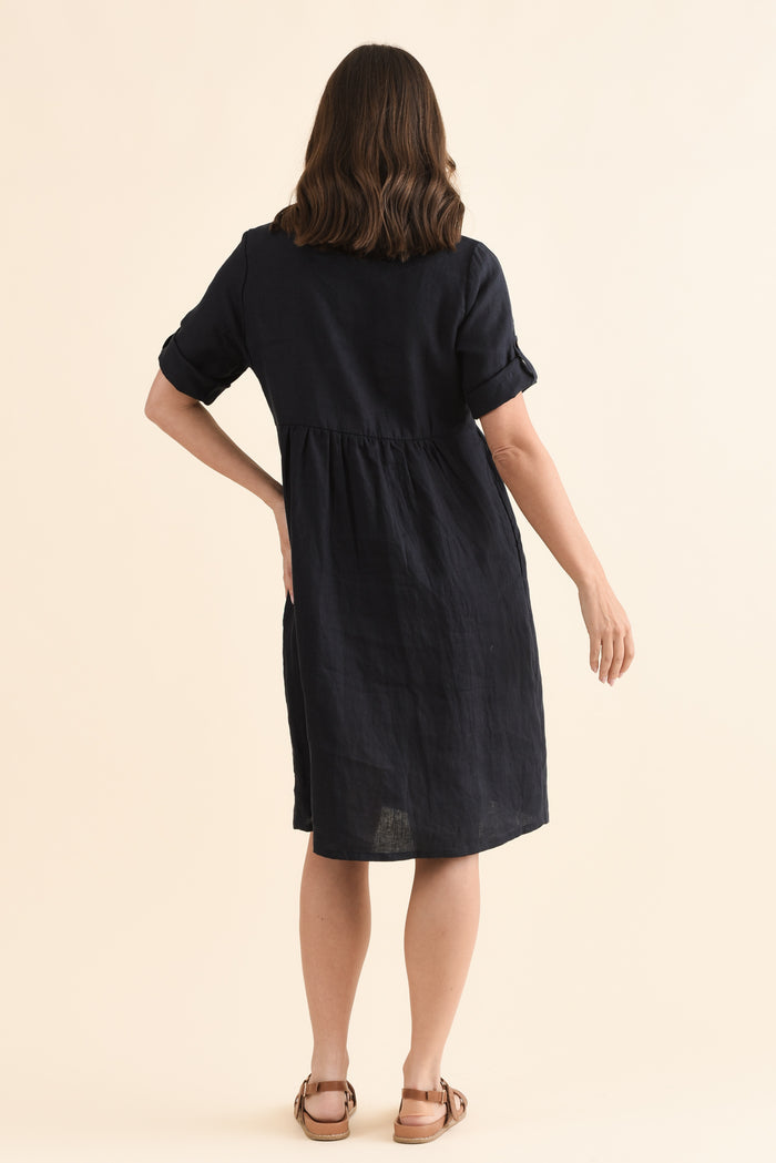 Kathy Navy Linen Shirt Dress,Back,Brunette model,alt text|model:MJ