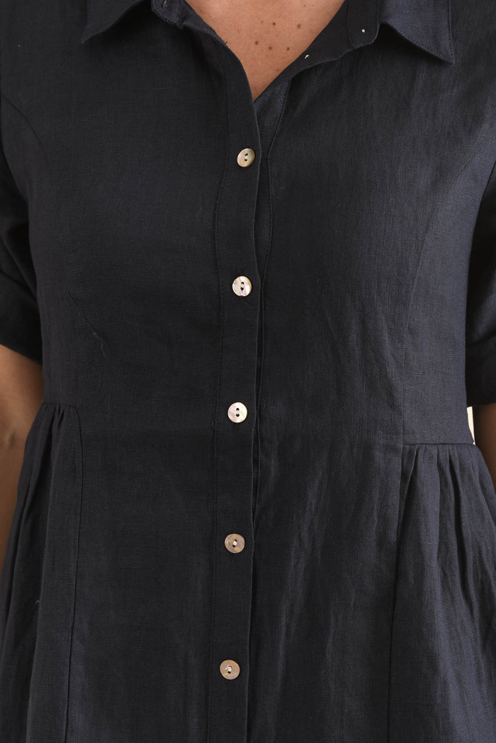 Kathy Navy Linen Shirt Dress,Detail,Brunette model,alt text|model:MJ