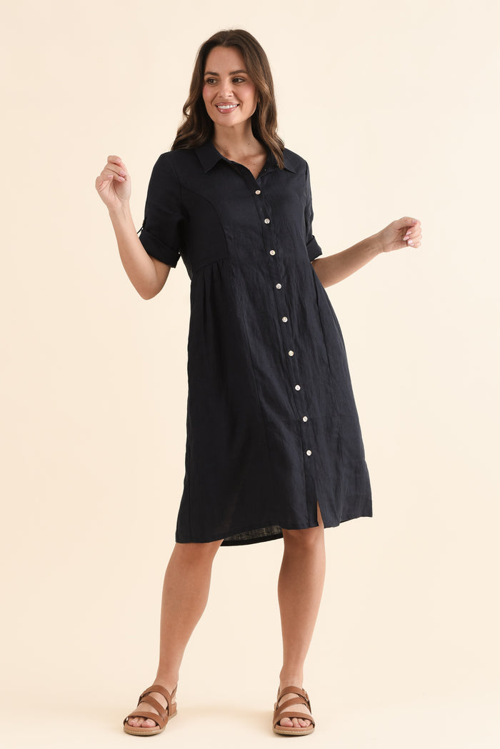 Kathy Navy Linen Shirt Dress,Full Body,Brunette model,alt text|model:MJ