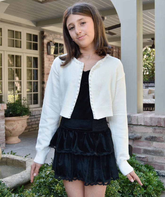 Katie J NYC Juniors Kitty Pearl Trim Cardigan Distressed/seasonal womens Katie J NYC Cream Juniors/Women XS