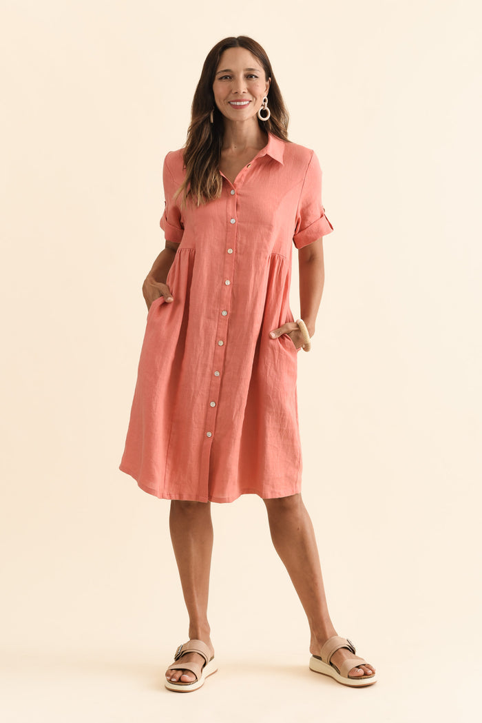 Katy Orange Linen Pocket Dress,Brunette model,alt text|model:Cara