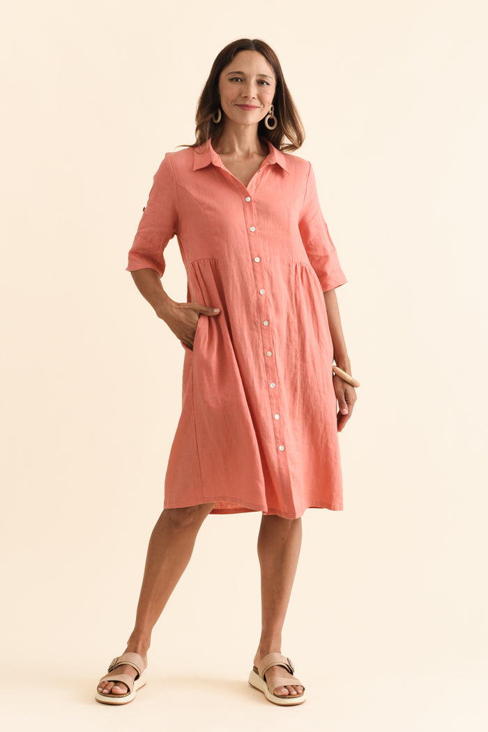 Katy Orange Linen Pocket Dress,Brunette model,alt text|model:Cara