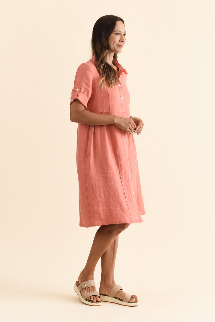 Katy Orange Linen Pocket Dress,Brunette model,alt text|model:Cara