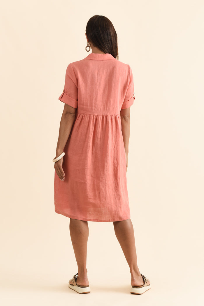 Katy Orange Linen Pocket Dress,Brunette model,alt text|model:Cara