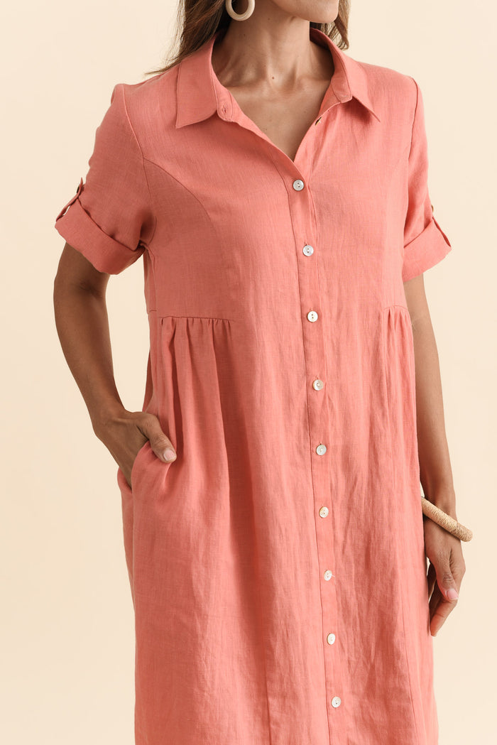 Katy Orange Linen Pocket Dress,Brunette model,alt text|model:Cara