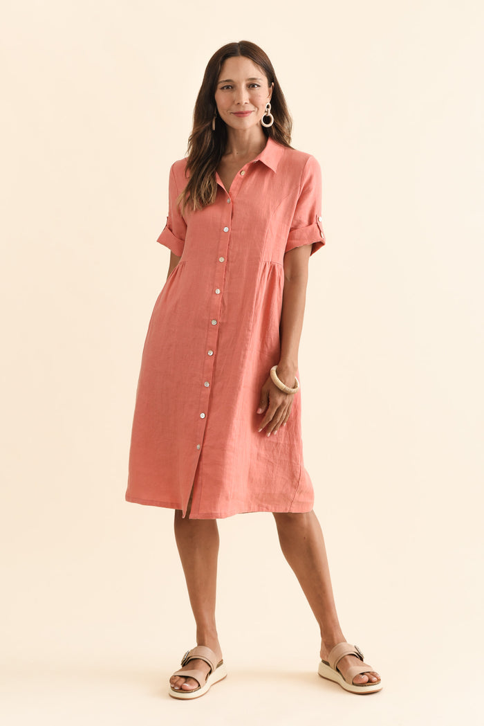 Katy Orange Linen Pocket Dress,Brunette model,alt text|model:Cara
