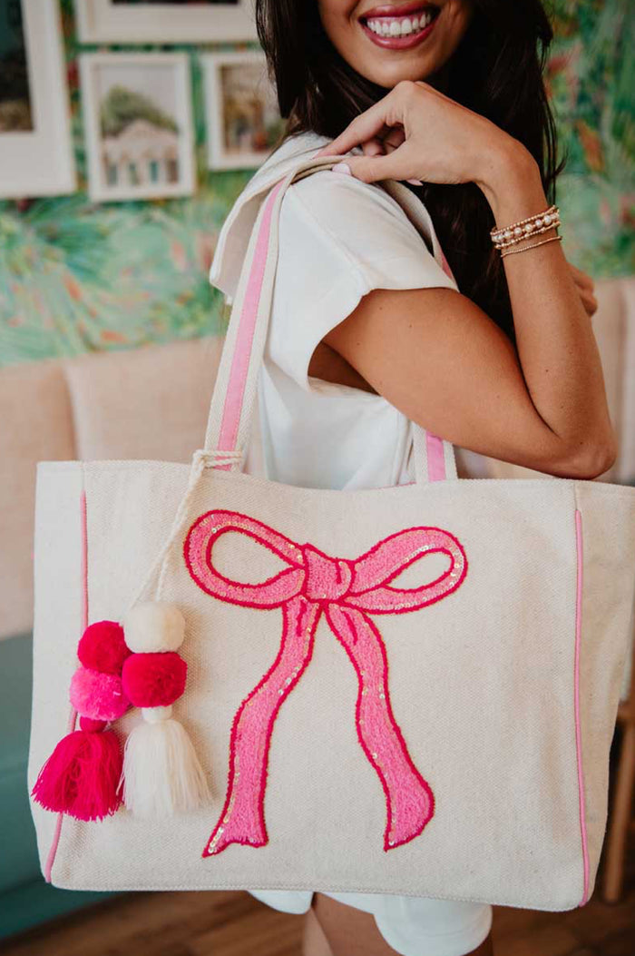 Katydid Coquette Bow Pink Sequin Canvas Tote Bag