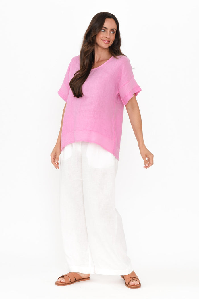 Kaya Pink Linen Top,Brunette model,alt text|model:Elouise