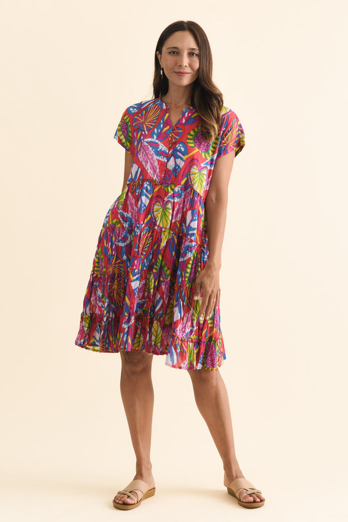 Kaylee Orange Tropical Crinkle Cotton Dress,Brunette model,alt text|model:Cara