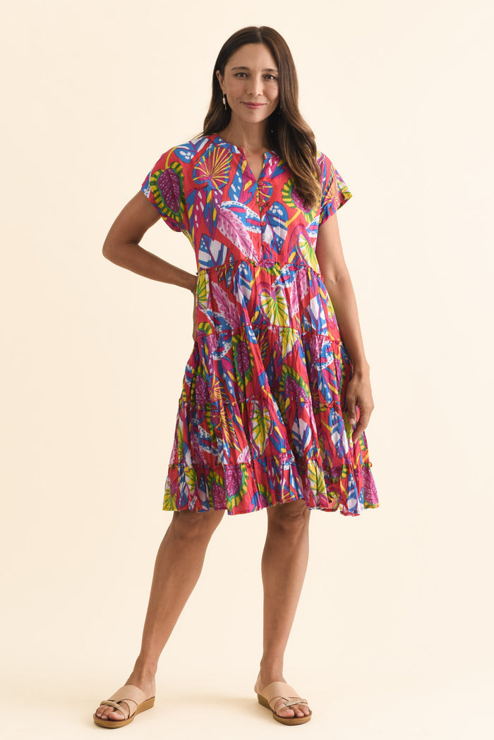 Kaylee Orange Tropical Crinkle Cotton Dress,Brunette model,alt text|model:Cara