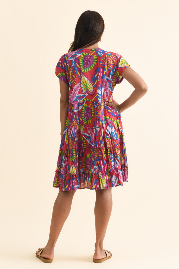 Kaylee Orange Tropical Crinkle Cotton Dress,Brunette model,alt text|model:Cara