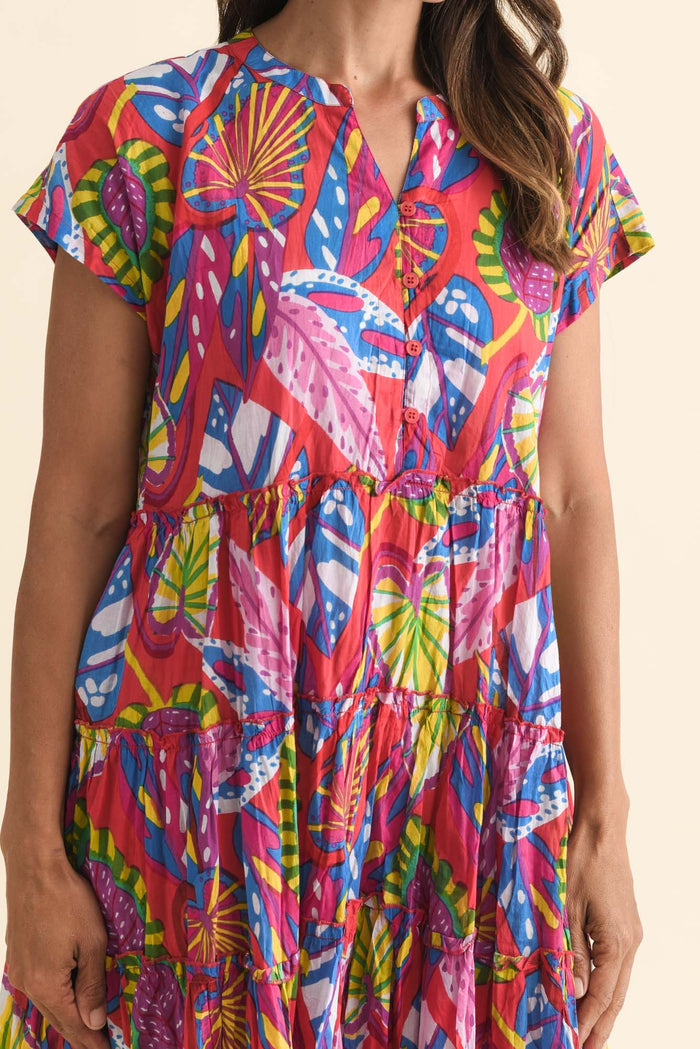 Kaylee Orange Tropical Crinkle Cotton Dress,Brunette model,alt text|model:Cara