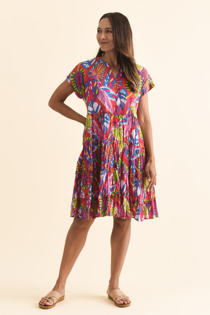 Kaylee Orange Tropical Crinkle Cotton Dress,Brunette model,alt text|model:Cara