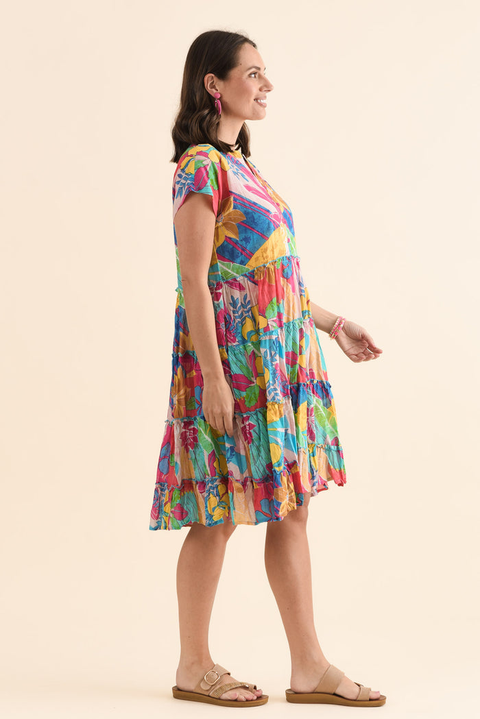 Kaylee Yellow Blossom Crinkle Cotton Dress,Side,Brunette model,alt text|model:MJ