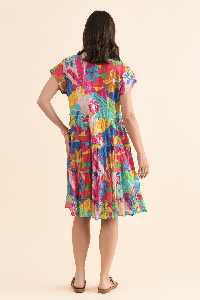 Kaylee Yellow Blossom Crinkle Cotton Dress,Back,Brunette model,alt text|model:MJ