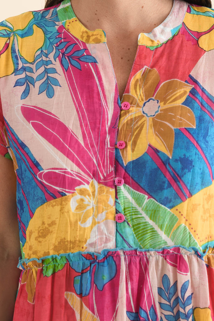 Kaylee Yellow Blossom Crinkle Cotton Dress,Detail,Brunette model,alt text|model:MJ