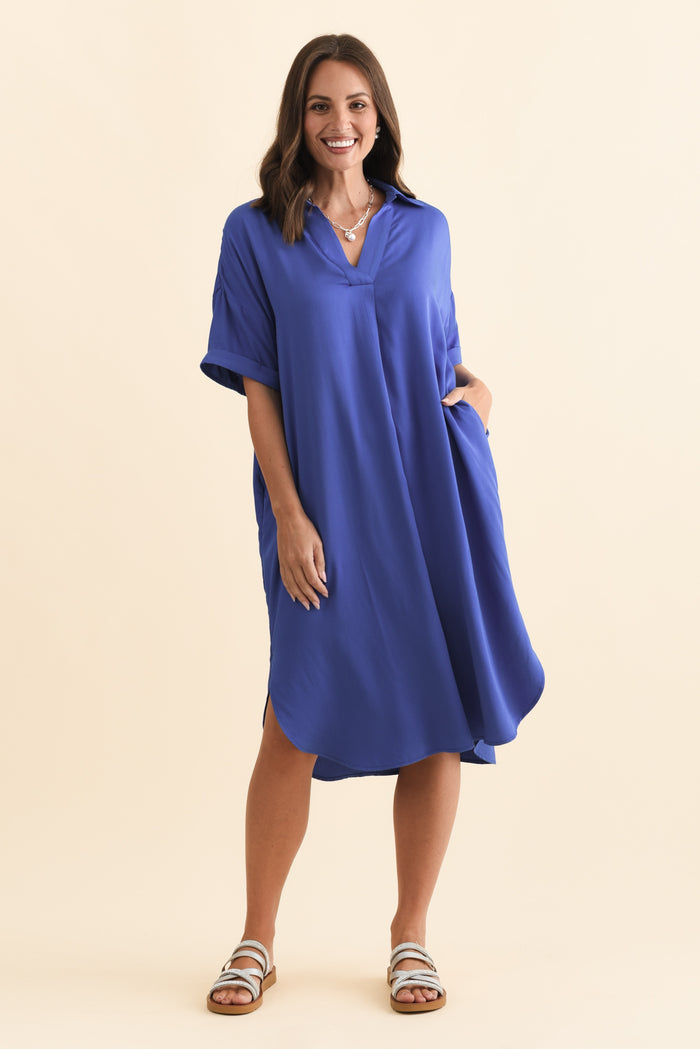 Kazi Cobalt Shirt Dress,Brunette model,alt text|model:MJ