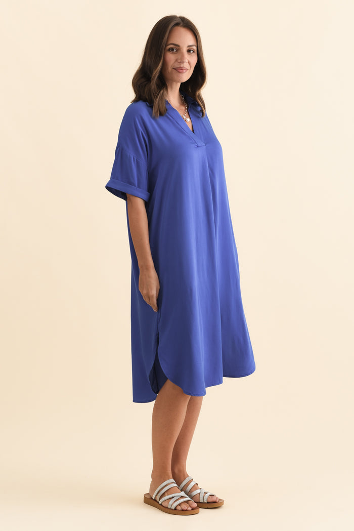 Kazi Cobalt Shirt Dress,Brunette model,alt text|model:MJ