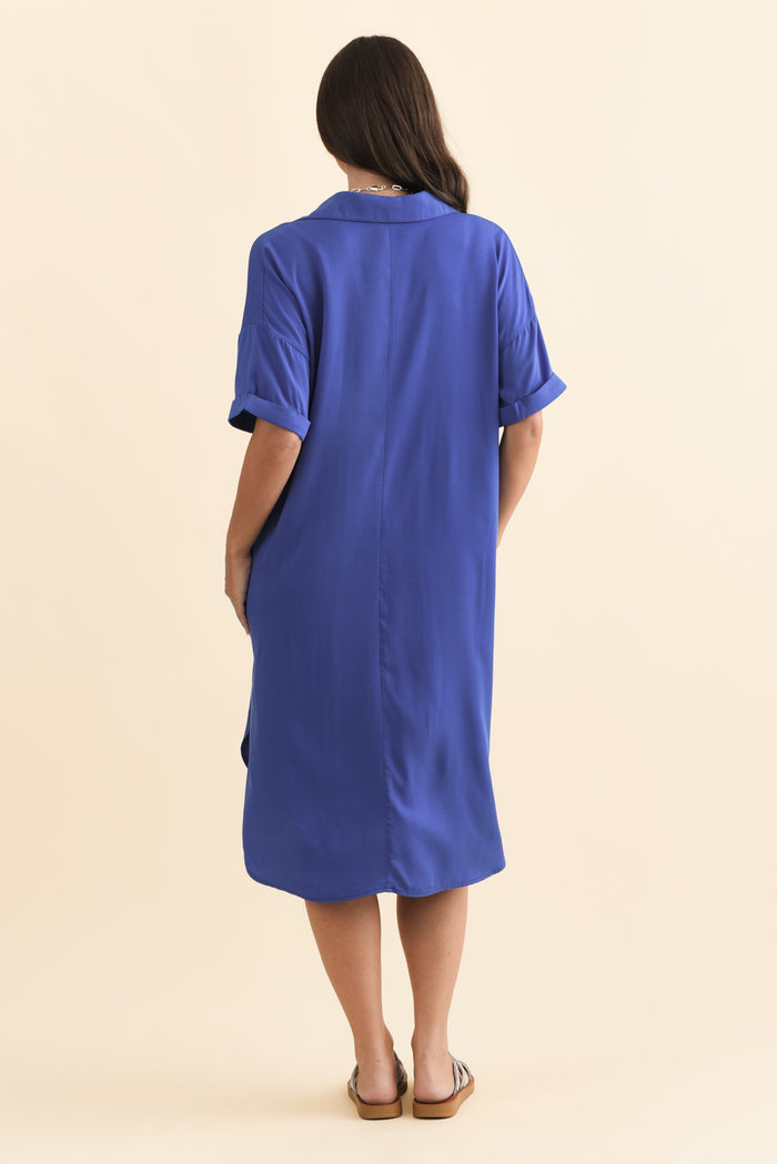 Kazi Cobalt Shirt Dress,Brunette model,alt text|model:MJ