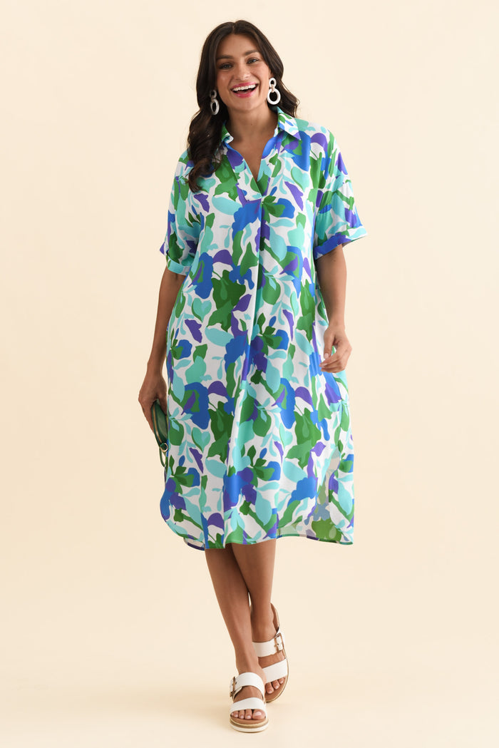 Kazi Green Garden Shirt Dress,Brunette model,alt text|model:Brontie