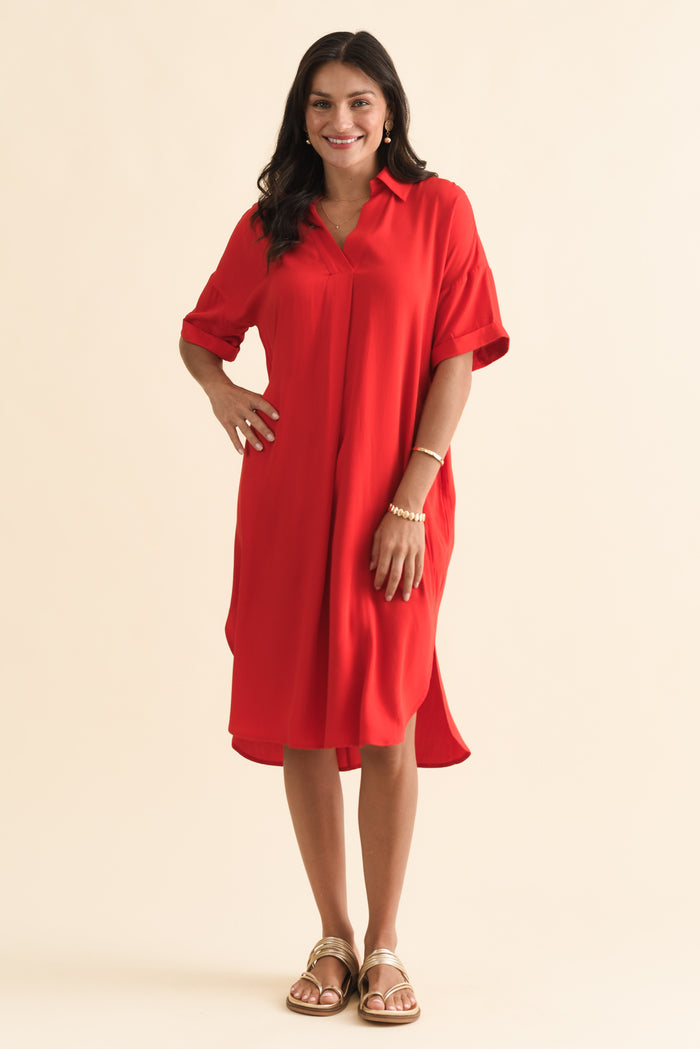 Kazi Red Shirt Dress,Brunette model,alt text|model:Brontie