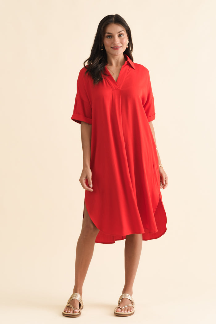 Kazi Red Shirt Dress,Brunette model,alt text|model:Brontie