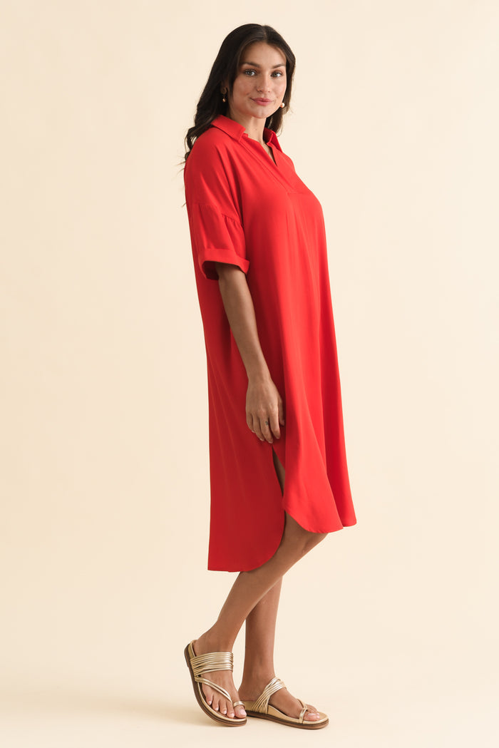 Kazi Red Shirt Dress,Brunette model,alt text|model:Brontie