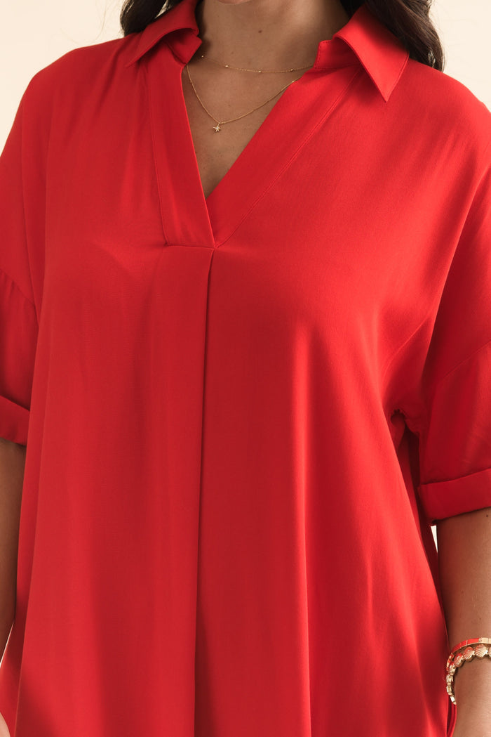 Kazi Red Shirt Dress,Brunette model,alt text|model:Brontie