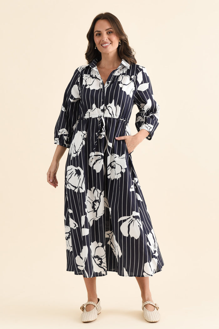 Keaton Navy Floral Stripe Tie Dress,brunette model,Front of Outfit,alt text|model:MJ