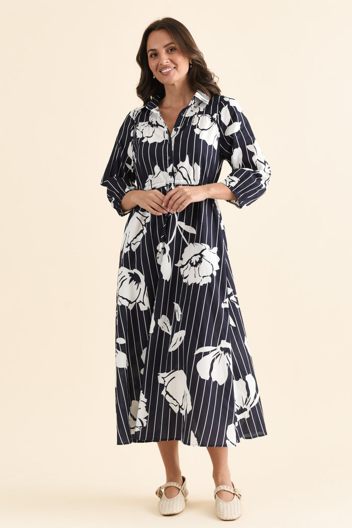Keaton Navy Floral Stripe Tie Dress,brunette model,Full Outfit,alt text|model:MJ