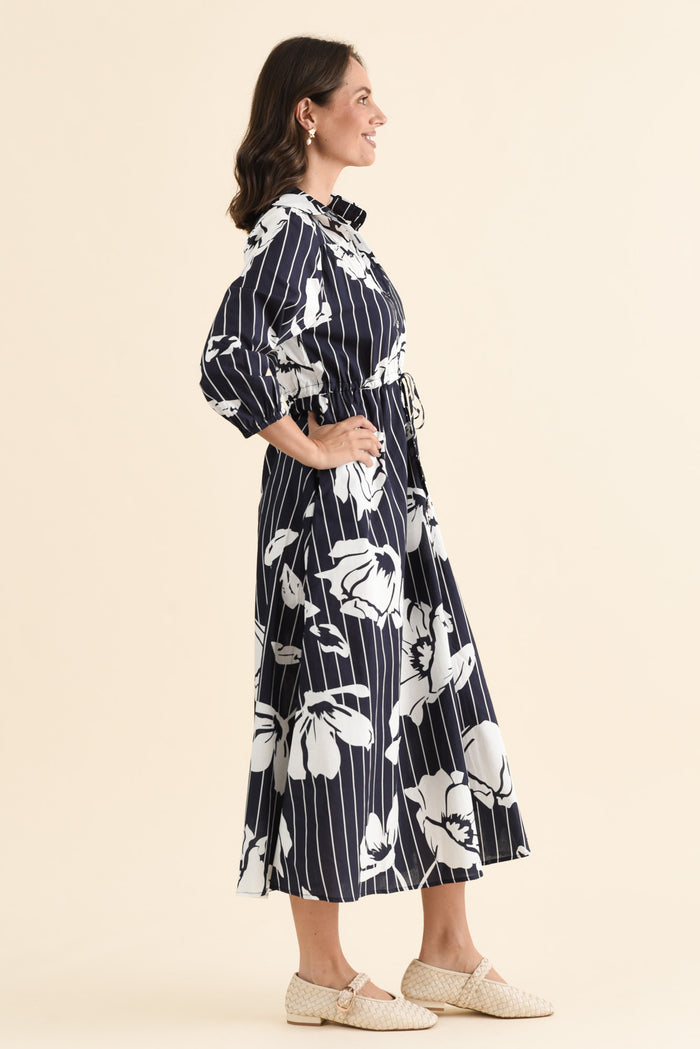 Keaton Navy Floral Stripe Tie Dress,brunette model,Side of Outfit,alt text|model:MJ