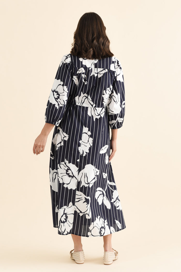 Keaton Navy Floral Stripe Tie Dress,brunette model,Back of Outfit,alt text|model:MJ