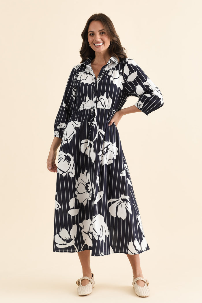 Keaton Navy Floral Stripe Tie Dress,brunette model,Full Outfit,alt text|model:MJ