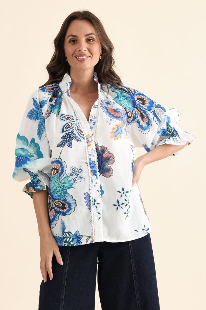 Kelis Blue Garden Linen Blend Shirt,brunette model,Front of Outfit,alt text|model:MJ