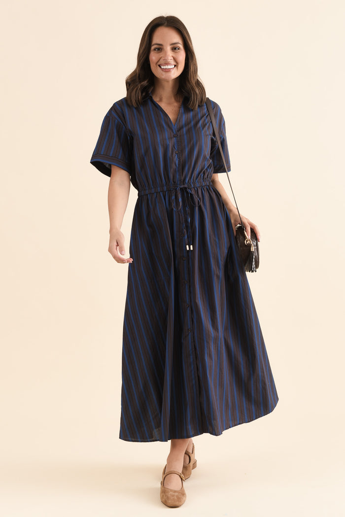 Kellan Navy Stripe Cotton Poplin Dress,Front,Brunette model,alt text|model:MJ