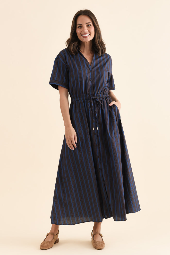 Kellan Navy Stripe Cotton Poplin Dress,Full Body,Brunette model,alt text|model:MJ