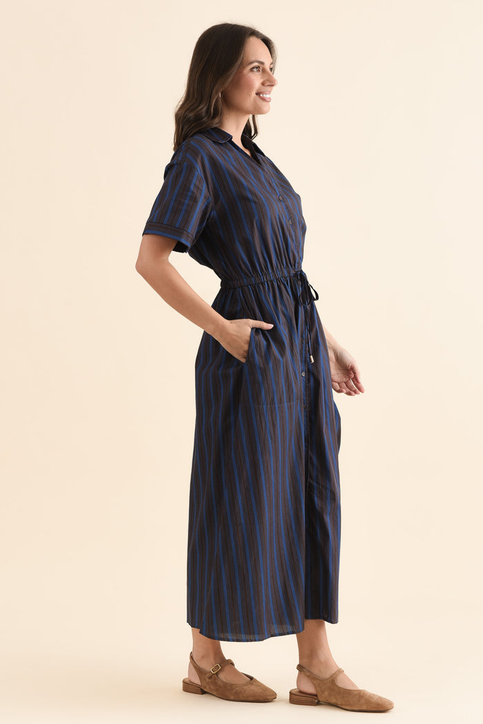 Kellan Navy Stripe Cotton Poplin Dress,Side,Brunette model,alt text|model:MJ