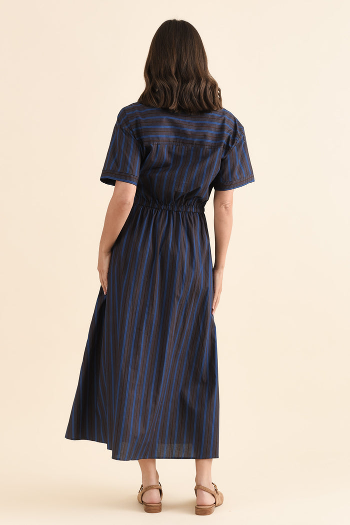 Kellan Navy Stripe Cotton Poplin Dress,Back,Brunette model,alt text|model:MJ